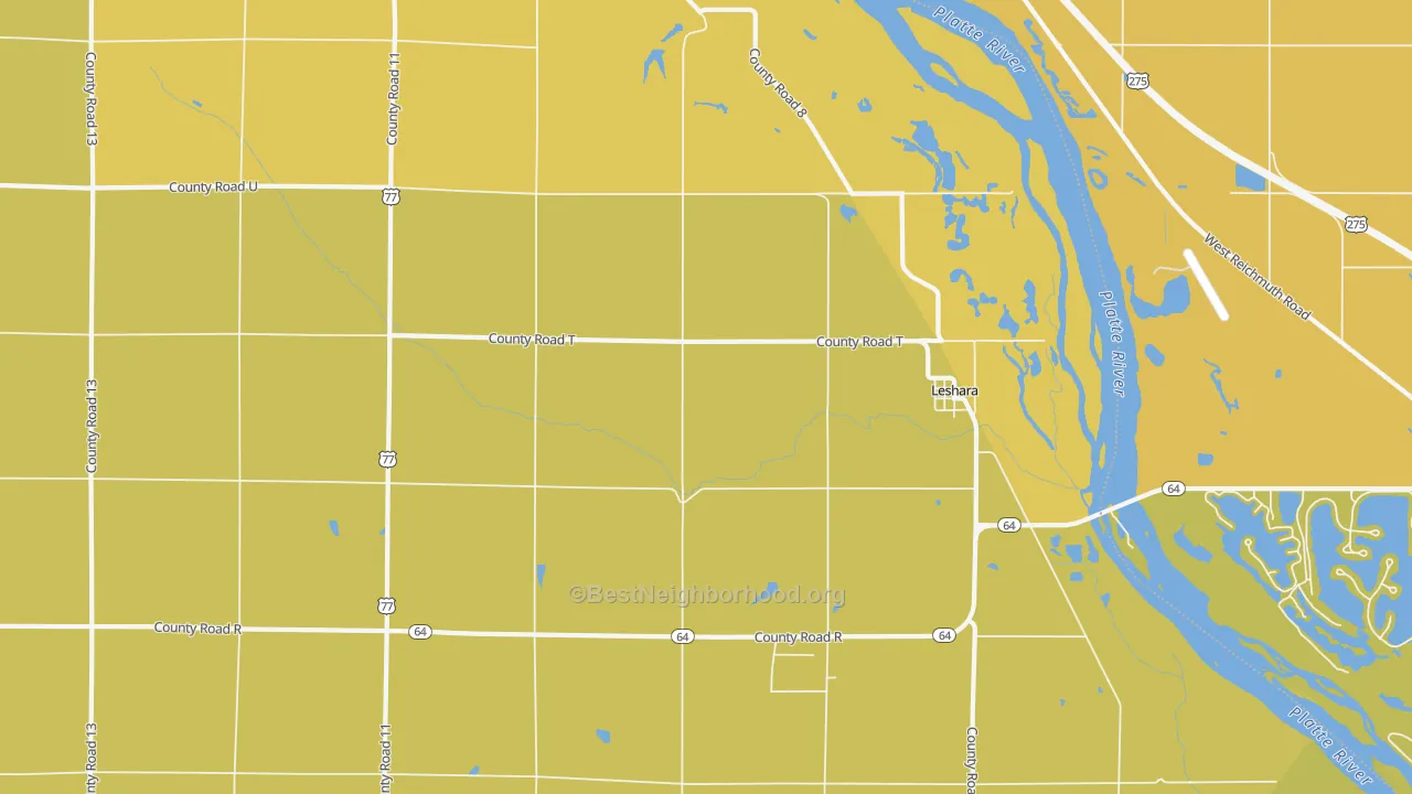 Map of the best neighborhoods in the Leshara area, with better matches in green and worse matches in red