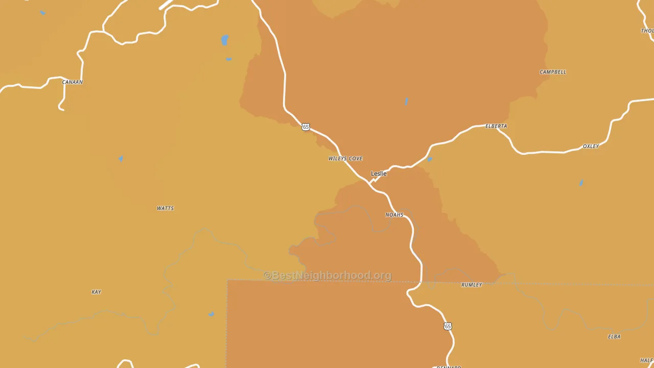 Map of the best neighborhoods in the Leslie area, with better matches in green and worse matches in red