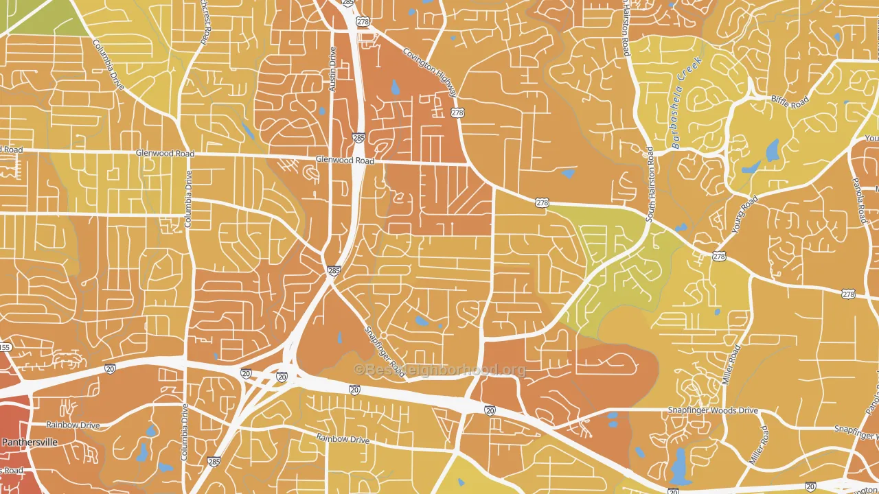 Map of the best neighborhoods in the Leslie, Decatur area, with better matches in green and worse matches in red