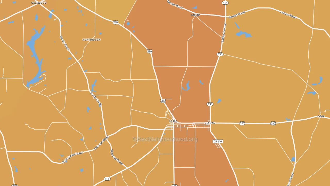 Map of the best neighborhoods in the Leslie area, with better matches in green and worse matches in red