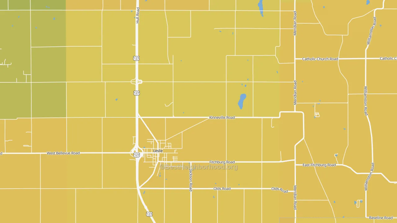 Map of the best neighborhoods in the Leslie area, with better matches in green and worse matches in red