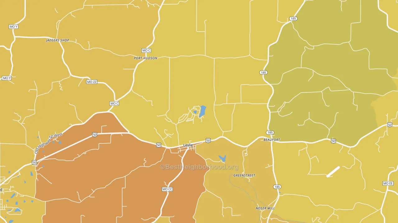 Map of the best neighborhoods in the Leslie area, with better matches in green and worse matches in red