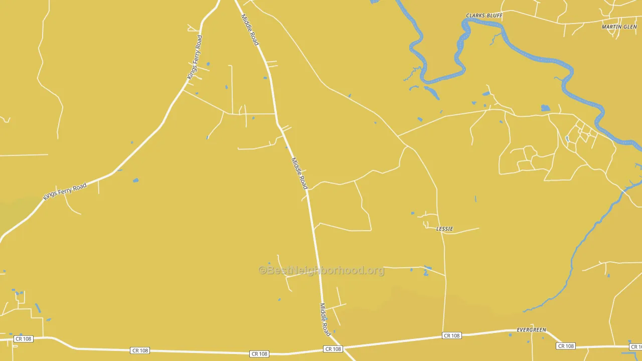 Map of the best neighborhoods in the Lessie area, with better matches in green and worse matches in red