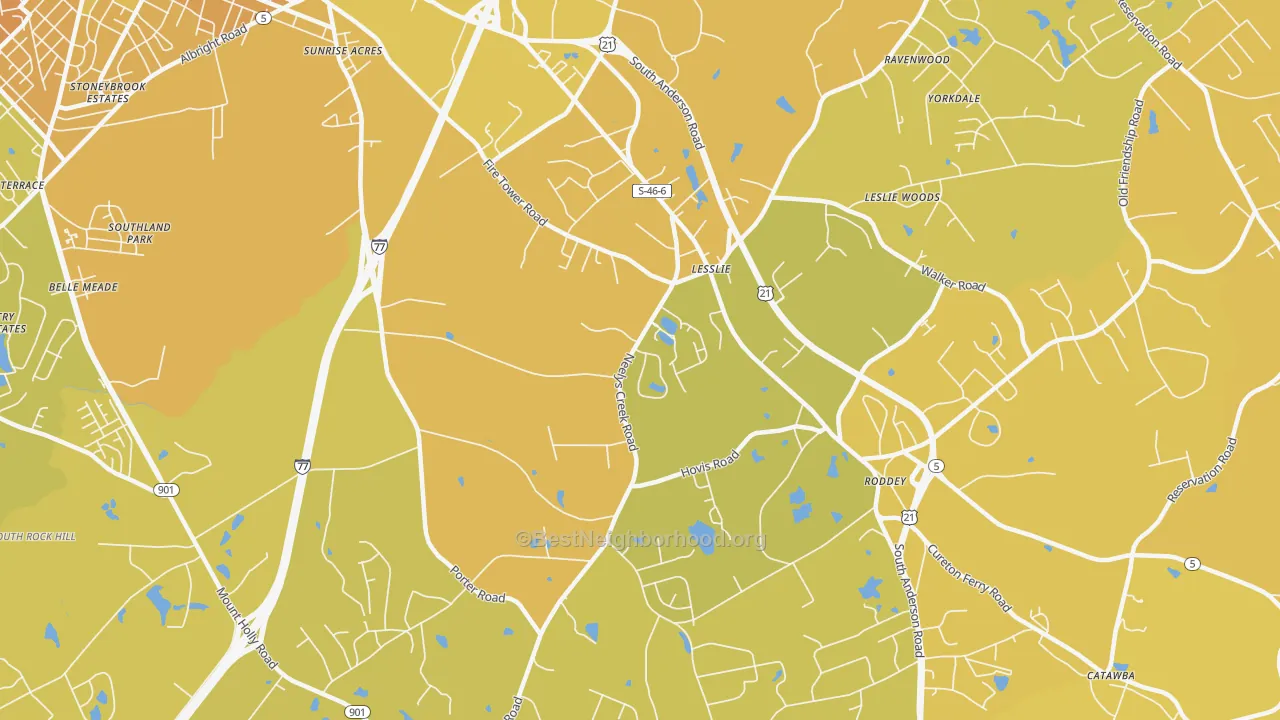Map of the best neighborhoods in the Lesslie area, with better matches in green and worse matches in red