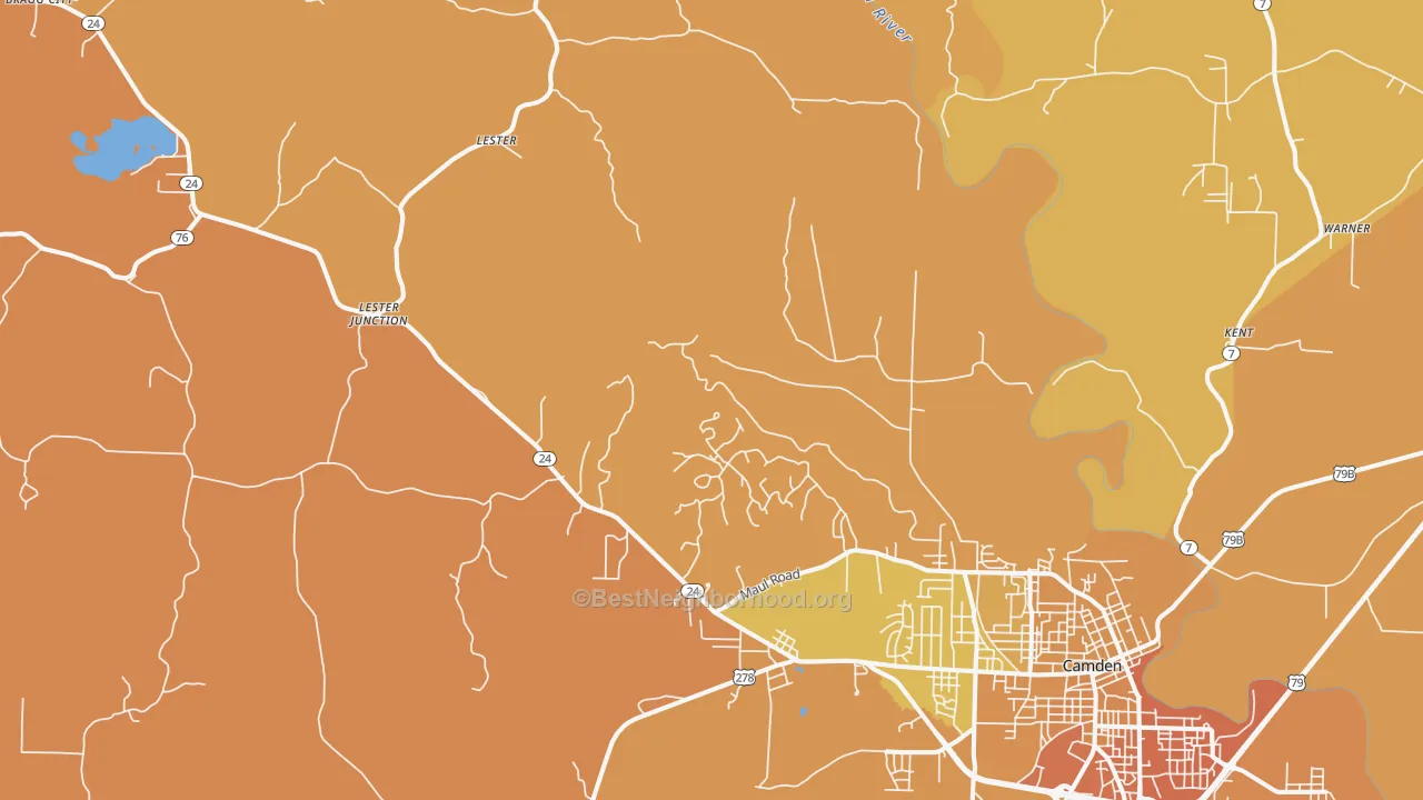 Map of the best neighborhoods in the Lester area, with better matches in green and worse matches in red