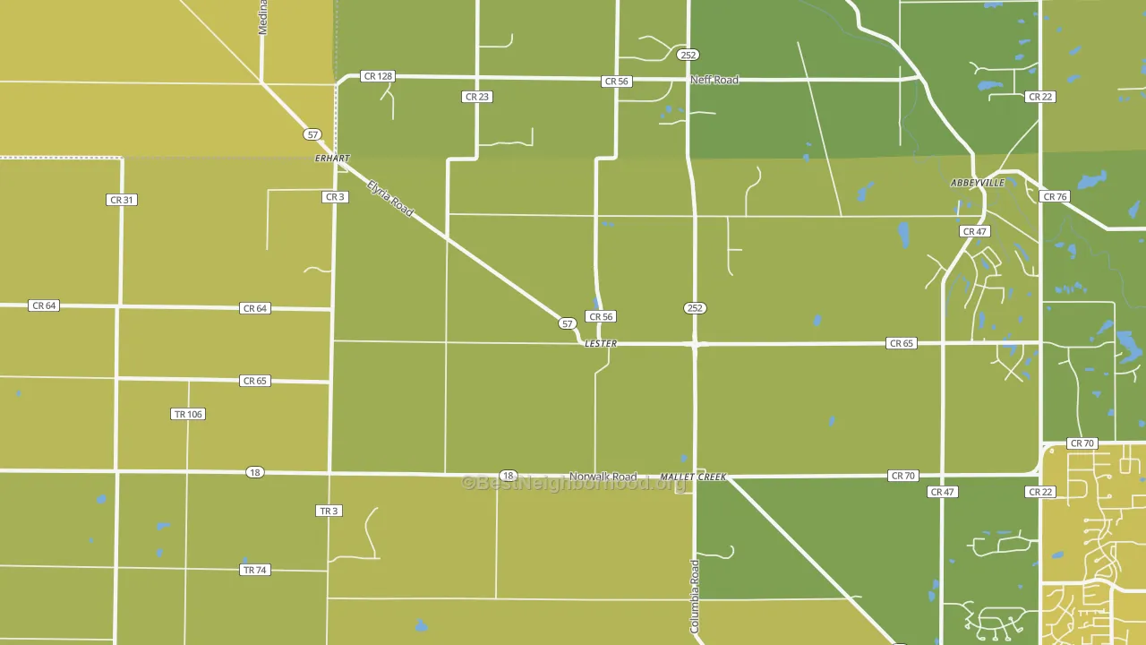 Map of the best neighborhoods in the Lester area, with better matches in green and worse matches in red