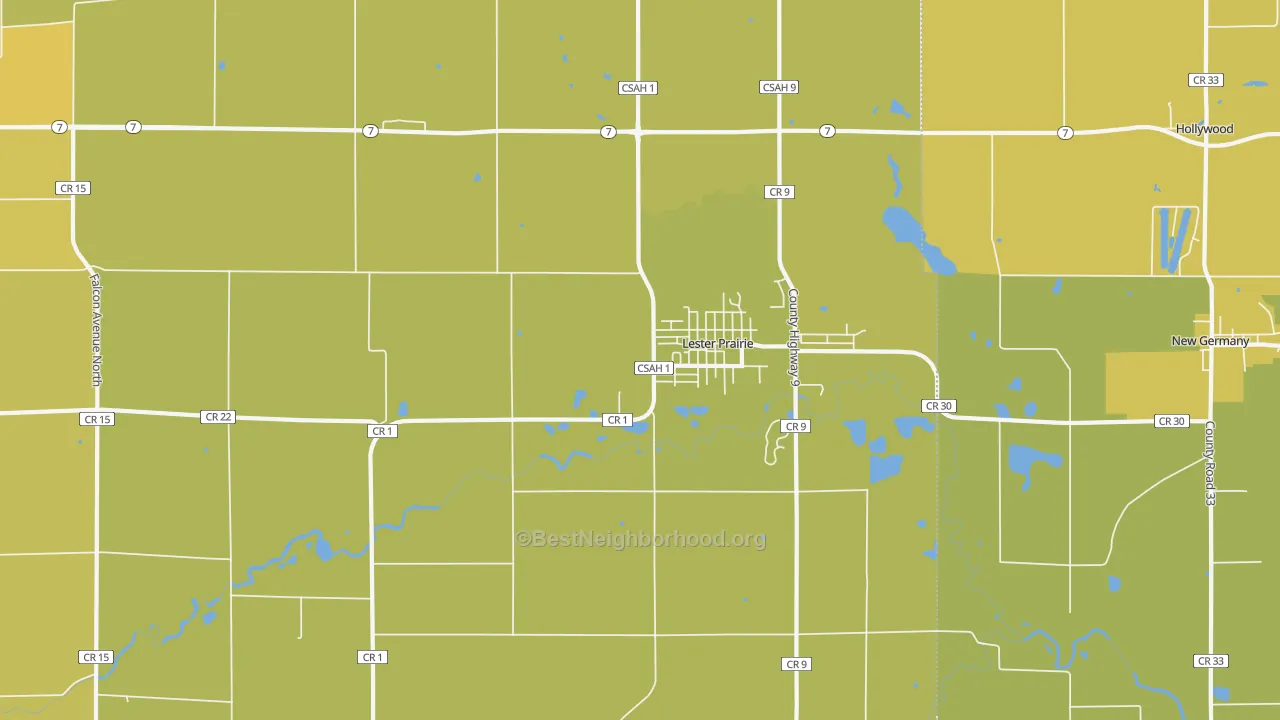 Map of the best neighborhoods in the Lester Prairie area, with better matches in green and worse matches in red