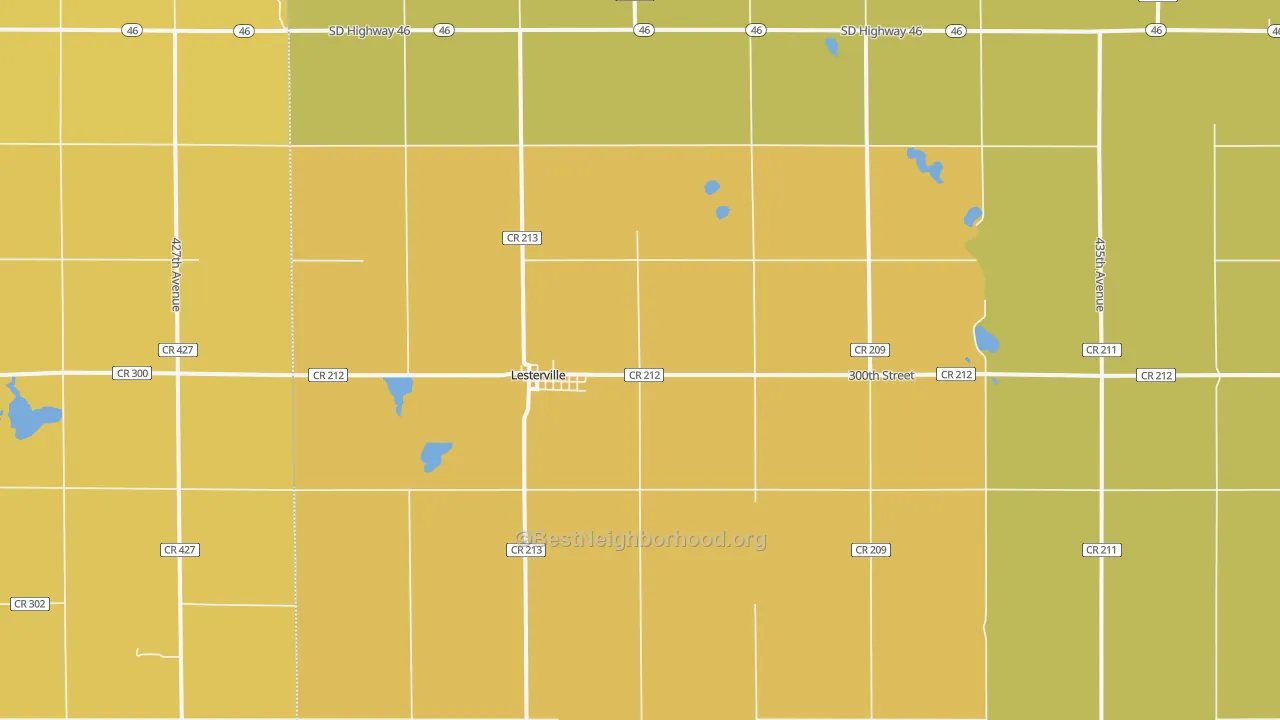 Map of the best neighborhoods in the Lesterville area, with better matches in green and worse matches in red