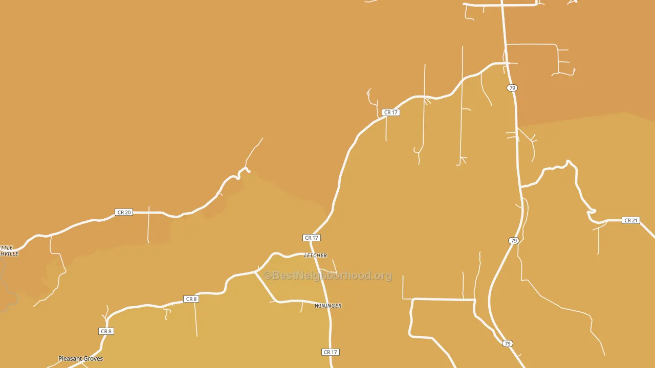 Map of the best neighborhoods in the Letcher area, with better matches in green and worse matches in red