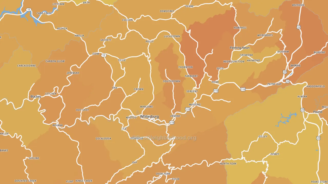 Map of the best neighborhoods in the Letcher County area, with better matches in green and worse matches in red