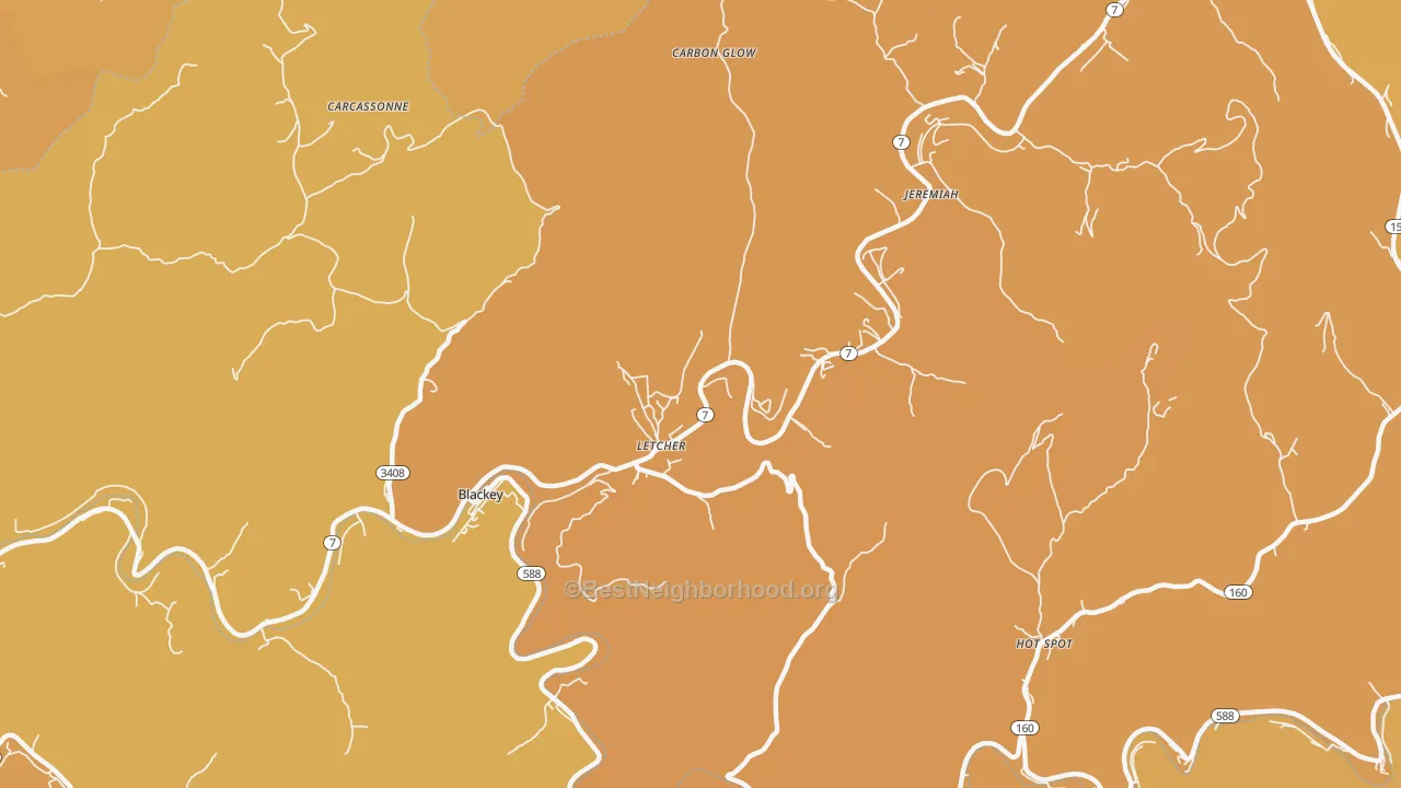 Map of the best neighborhoods in the Letcher area, with better matches in green and worse matches in red