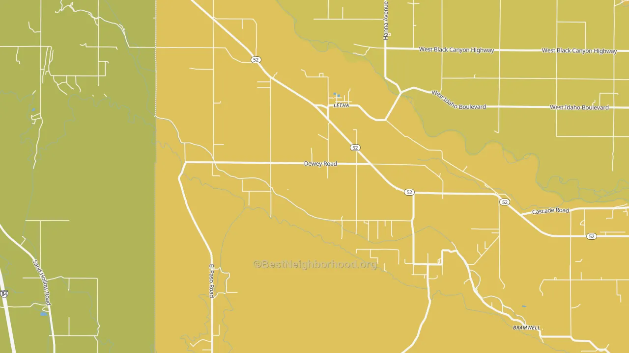 Map of the best neighborhoods in the Letha area, with better matches in green and worse matches in red