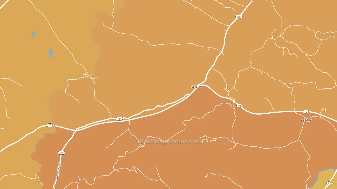 Map of the best neighborhoods in the Letitia area, with better matches in green and worse matches in red