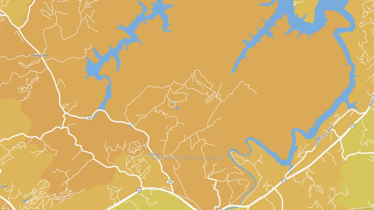 Map of the best neighborhoods in the Letitia area, with better matches in green and worse matches in red