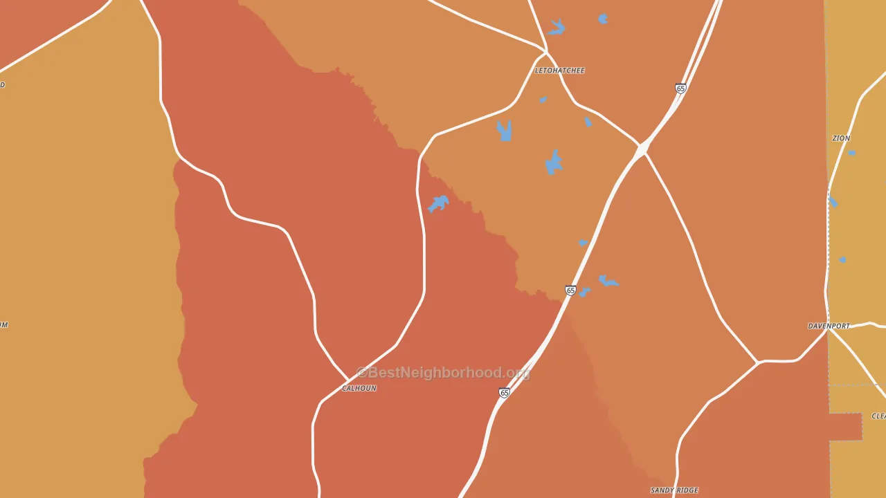 Map of the best neighborhoods in the Letohatchee area, with better matches in green and worse matches in red