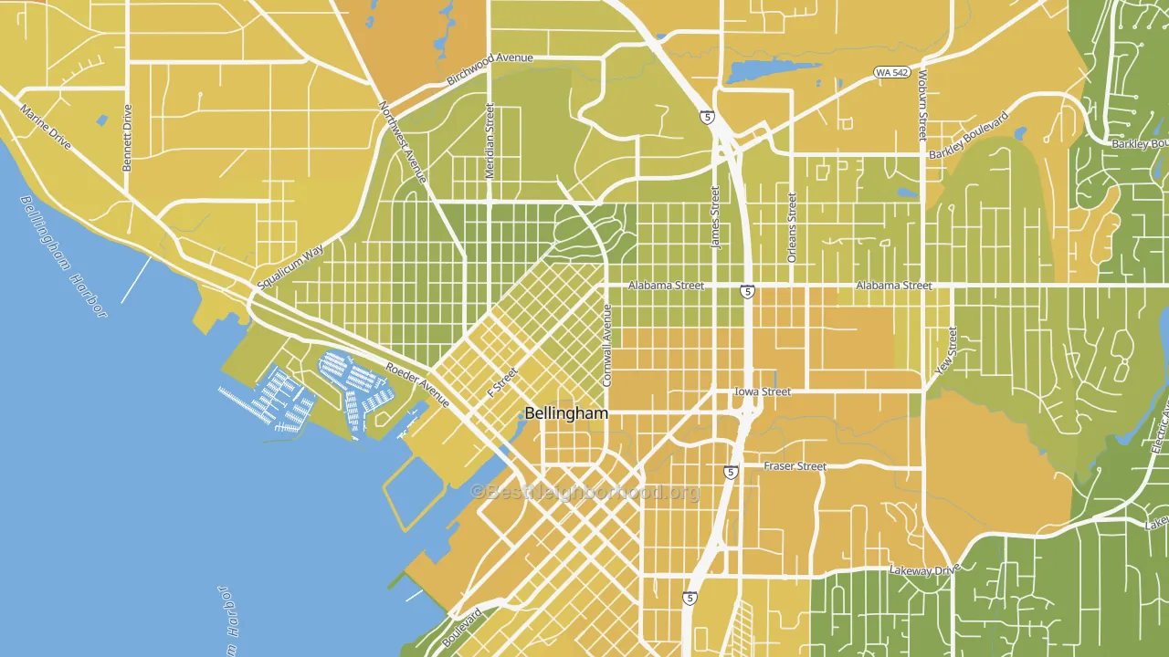 Map of the best neighborhoods in the Lettered Streets, Bellingham area, with better matches in green and worse matches in red