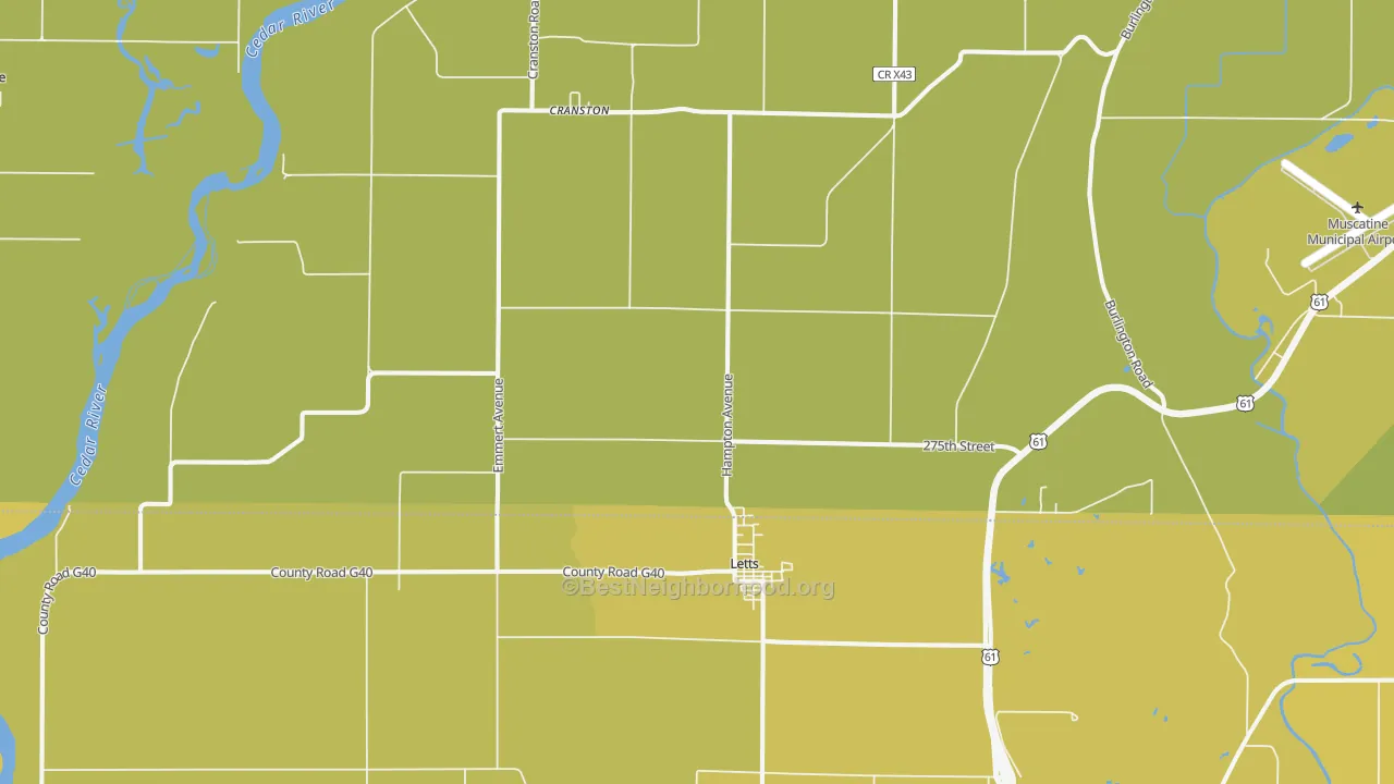 Map of the best neighborhoods in the Letts area, with better matches in green and worse matches in red