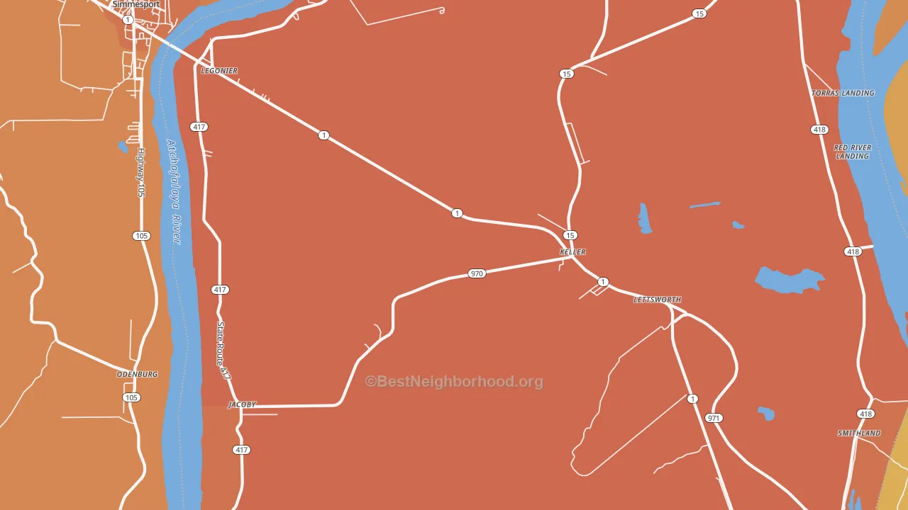 Map of the best neighborhoods in the Lettsworth area, with better matches in green and worse matches in red