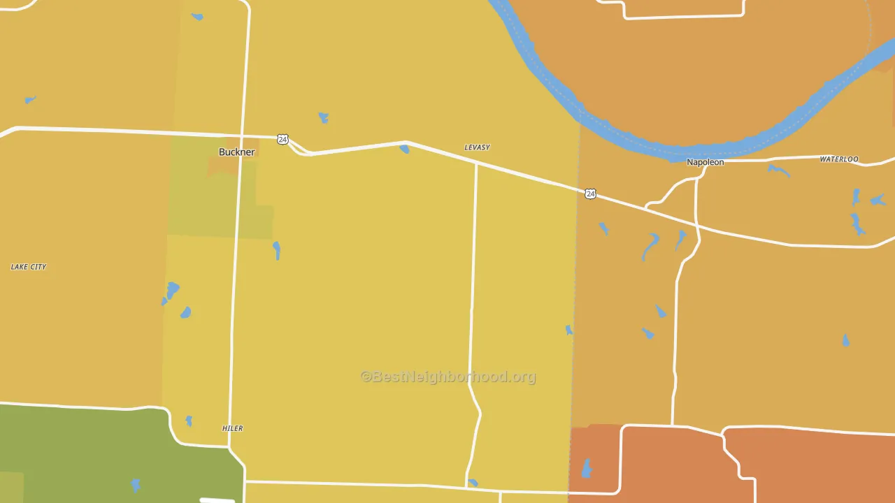 Map of the best neighborhoods in the Levasy area, with better matches in green and worse matches in red