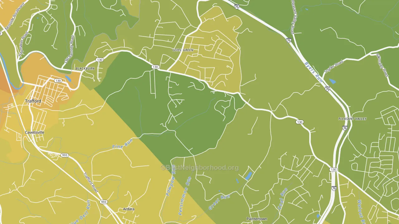 Map of the best neighborhoods in the Level Green area, with better matches in green and worse matches in red