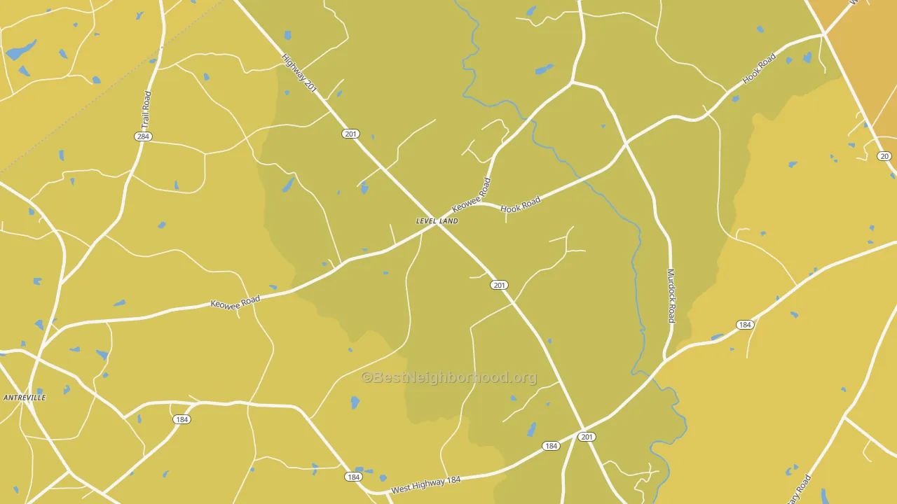 Map of the best neighborhoods in the Level Land area, with better matches in green and worse matches in red