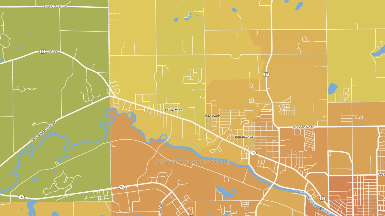 Map of the best neighborhoods in the Level Park-Oak Park area, with better matches in green and worse matches in red