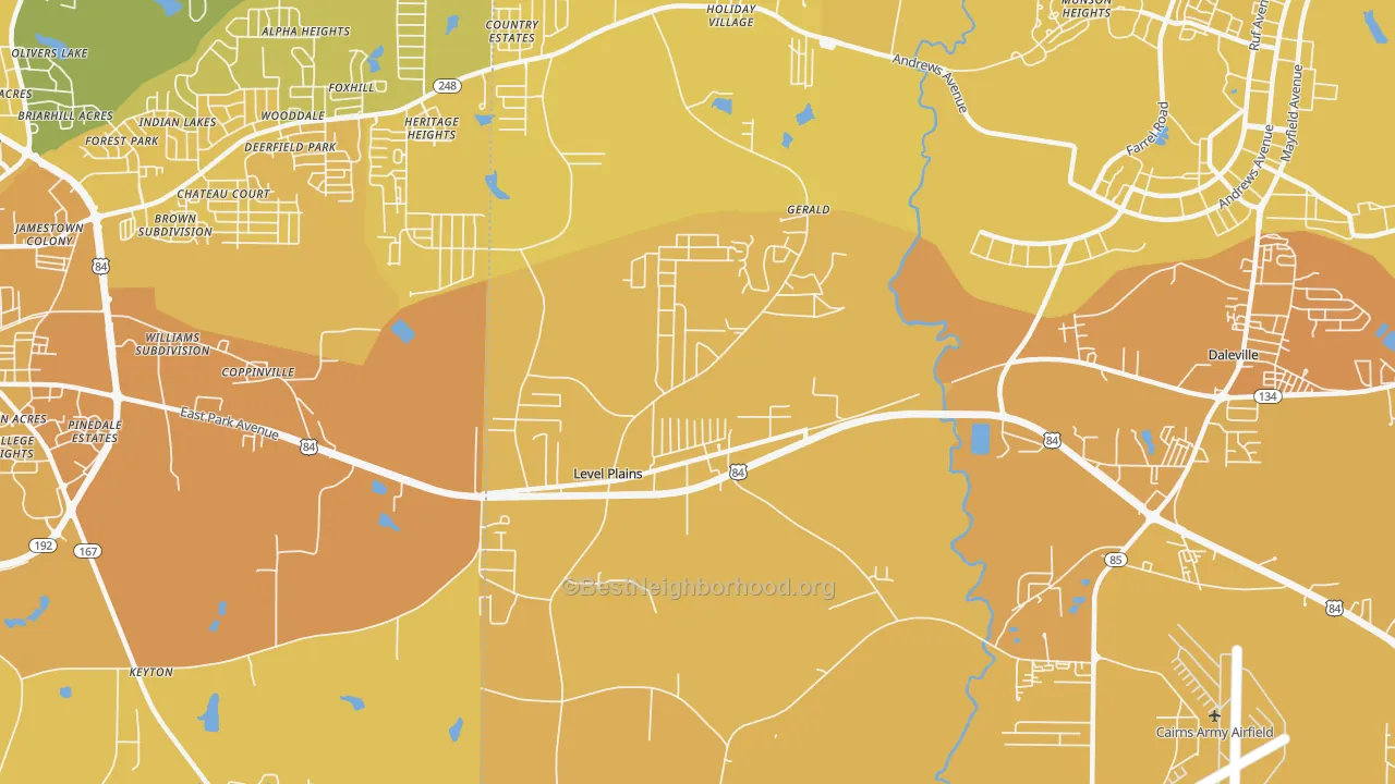 Map of the best neighborhoods in the Level Plains area, with better matches in green and worse matches in red