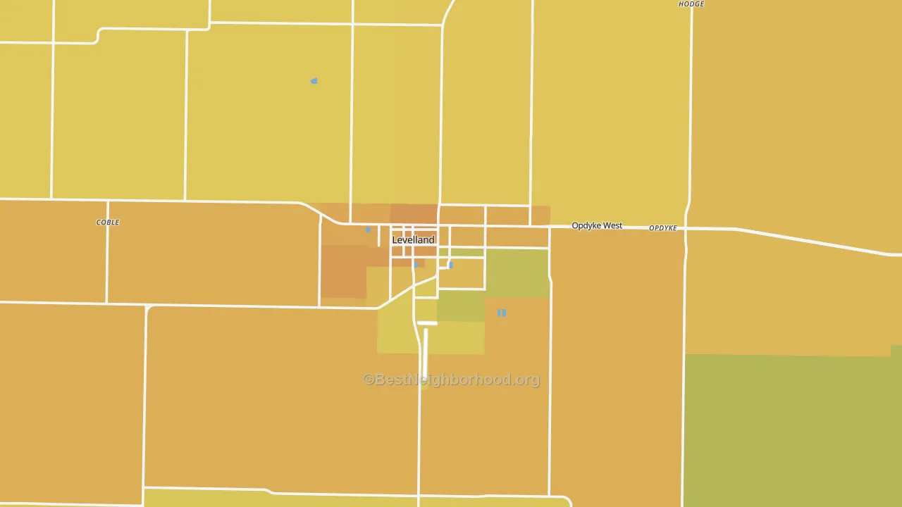 Map of the best neighborhoods in the Levelland area, with better matches in green and worse matches in red