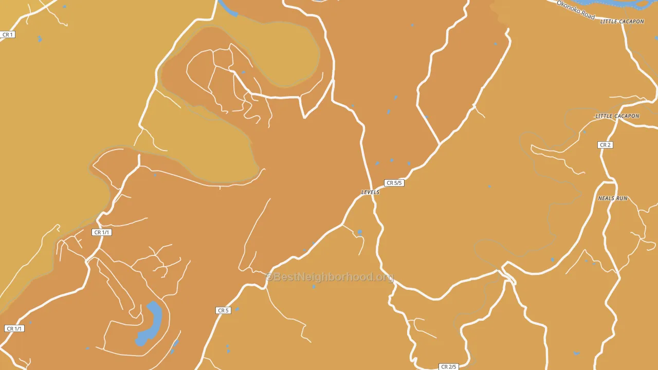 Map of the best neighborhoods in the Levels area, with better matches in green and worse matches in red