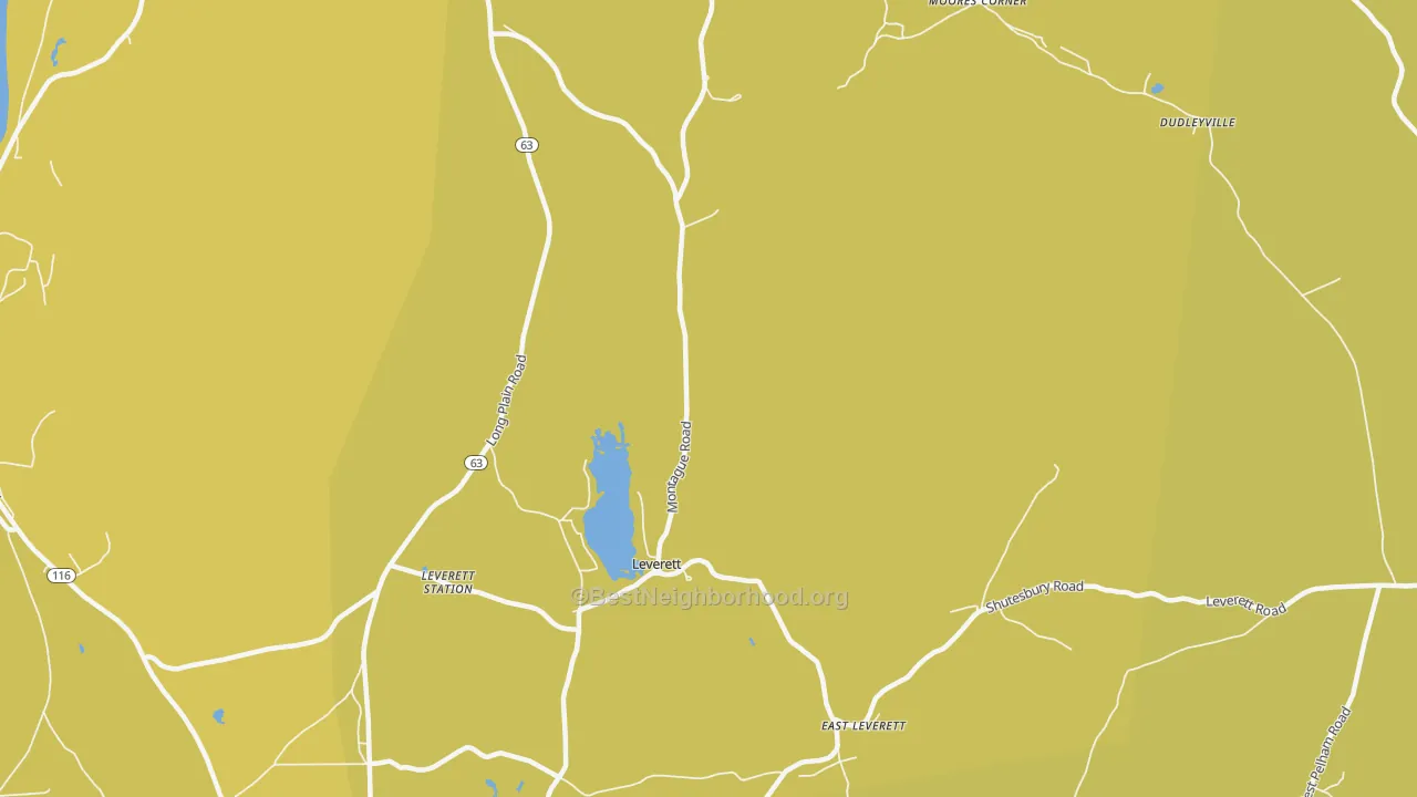 Map of the best neighborhoods in the Leverett area, with better matches in green and worse matches in red