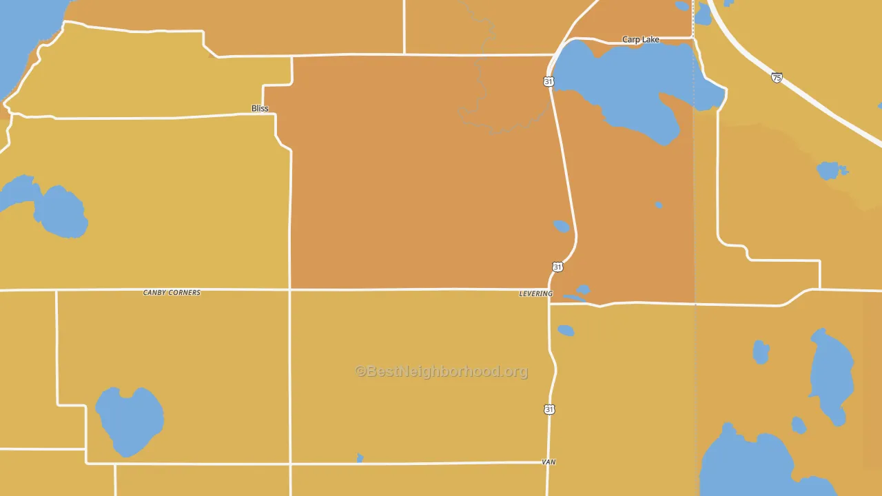 Map of the best neighborhoods in the Levering area, with better matches in green and worse matches in red