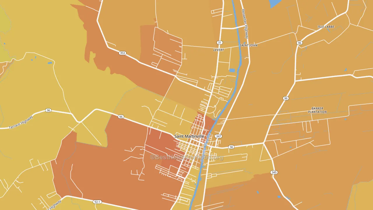Map of the best neighborhoods in the Levert area, with better matches in green and worse matches in red