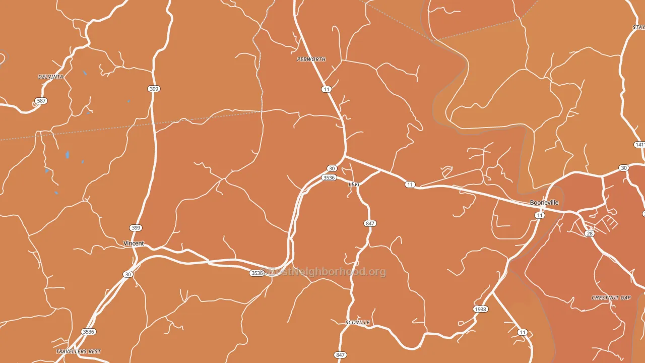 Map of the best neighborhoods in the Levi area, with better matches in green and worse matches in red
