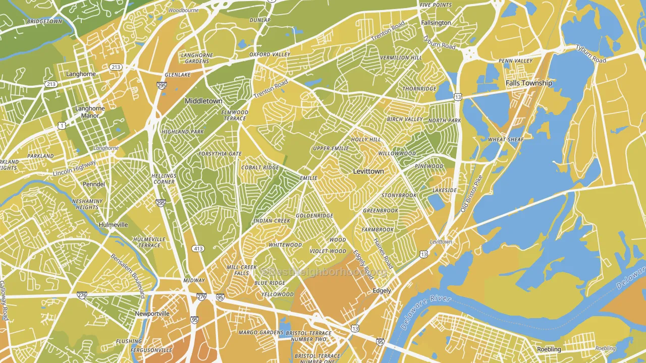Map of the best neighborhoods in the Levittown area, with better matches in green and worse matches in red