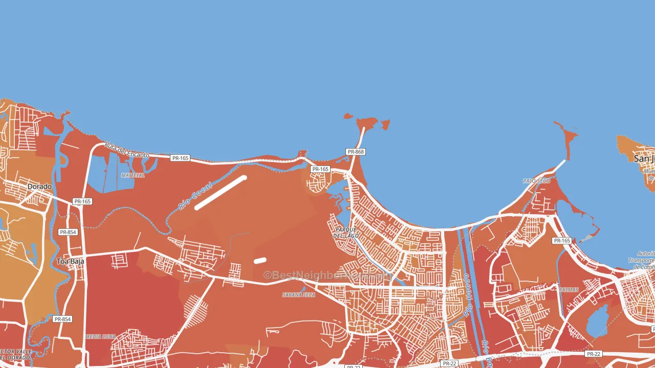 Map of the best neighborhoods in the Levittown area, with better matches in green and worse matches in red