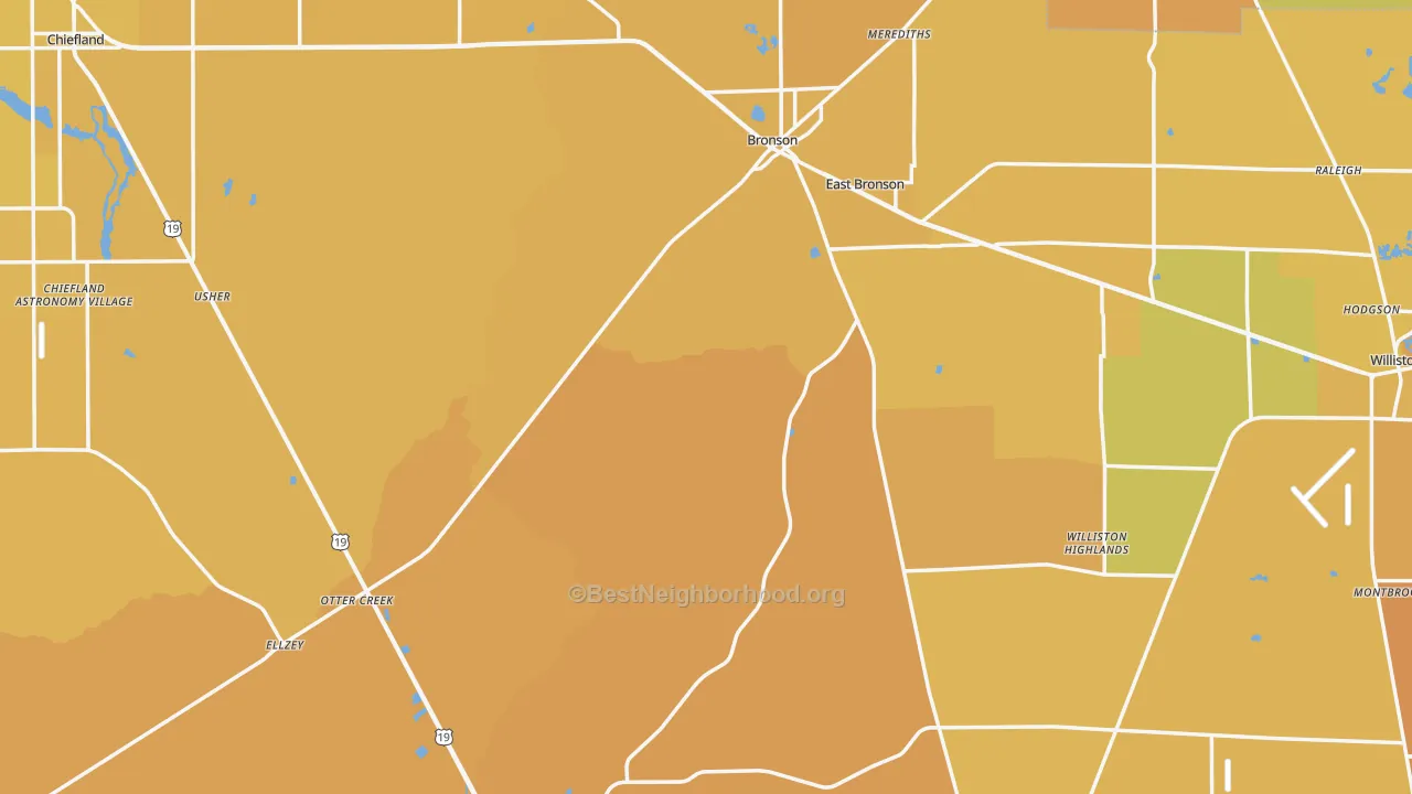 Map of the best neighborhoods in the Levy County area, with better matches in green and worse matches in red