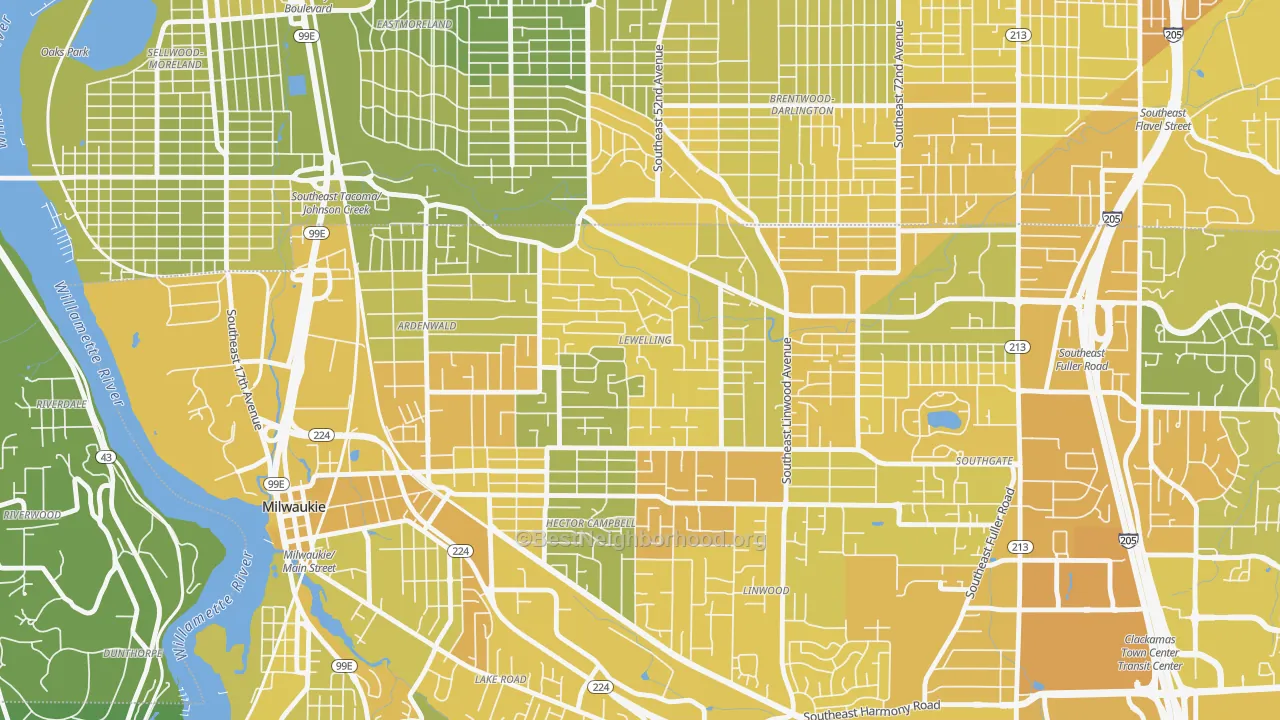 Map of the best neighborhoods in the Lewelling, Milwaukie area, with better matches in green and worse matches in red