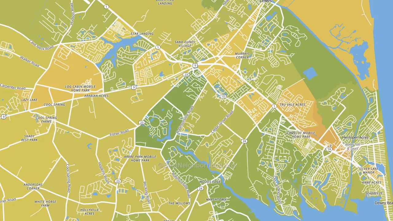 Map of the best neighborhoods in the Lewes area, with better matches in green and worse matches in red