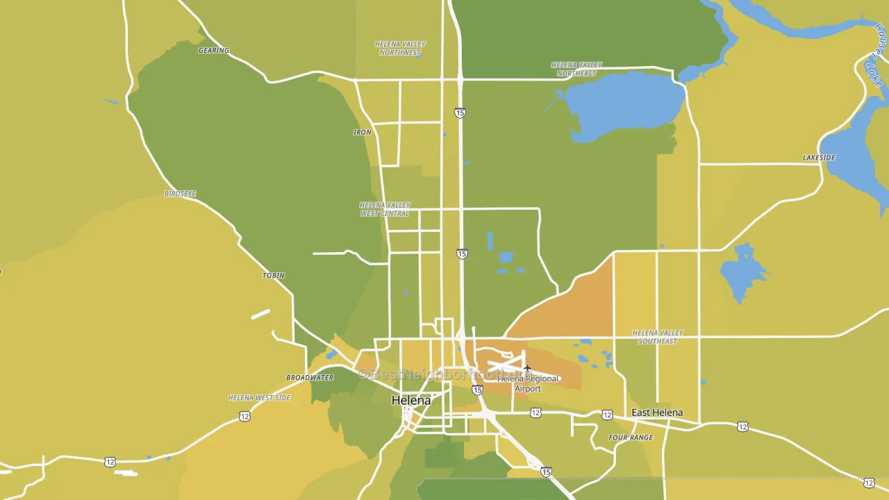 Map of the best neighborhoods in the Lewis and Clark County area, with better matches in green and worse matches in red