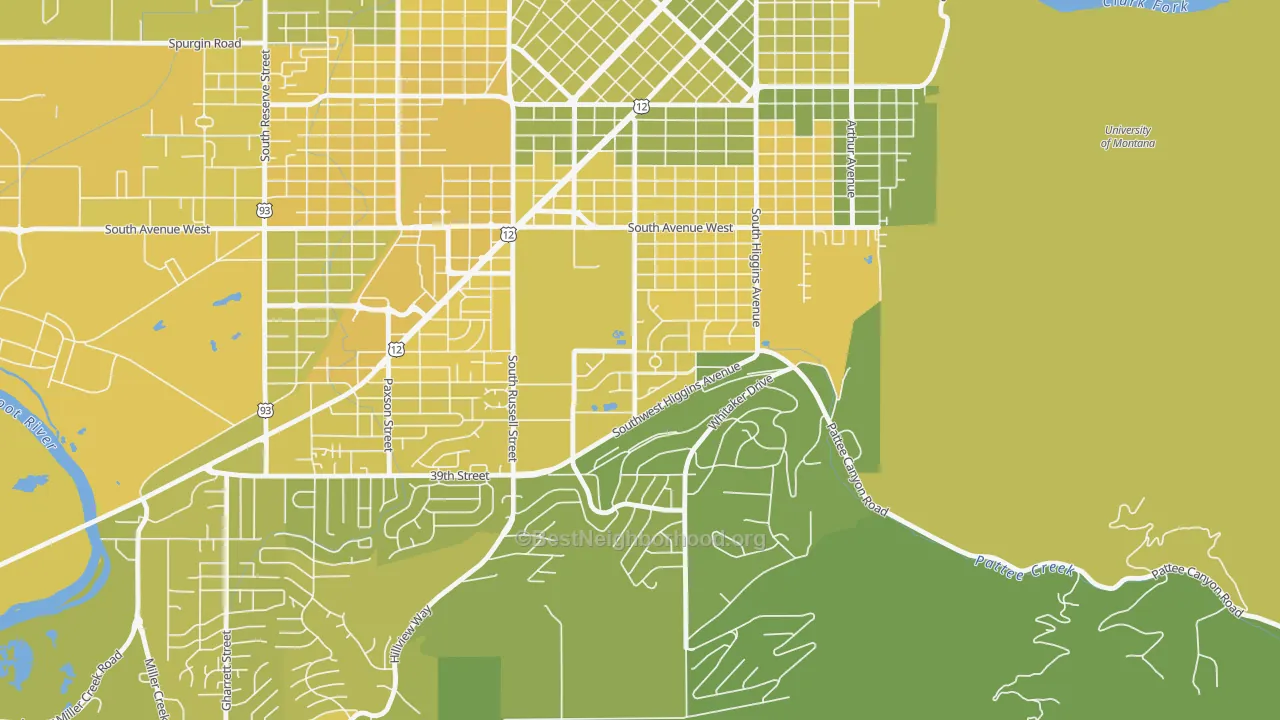 Map of the best neighborhoods in the Lewis and Clark, Missoula area, with better matches in green and worse matches in red