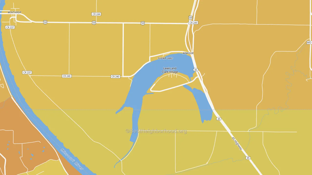 Map of the best neighborhoods in the Lewis and Clark Village area, with better matches in green and worse matches in red