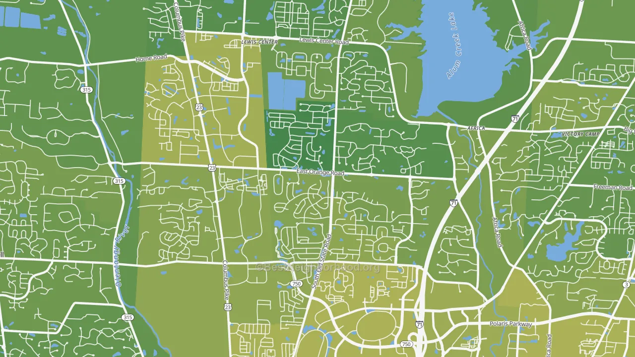 Map of the best neighborhoods in the Lewis Center area, with better matches in green and worse matches in red