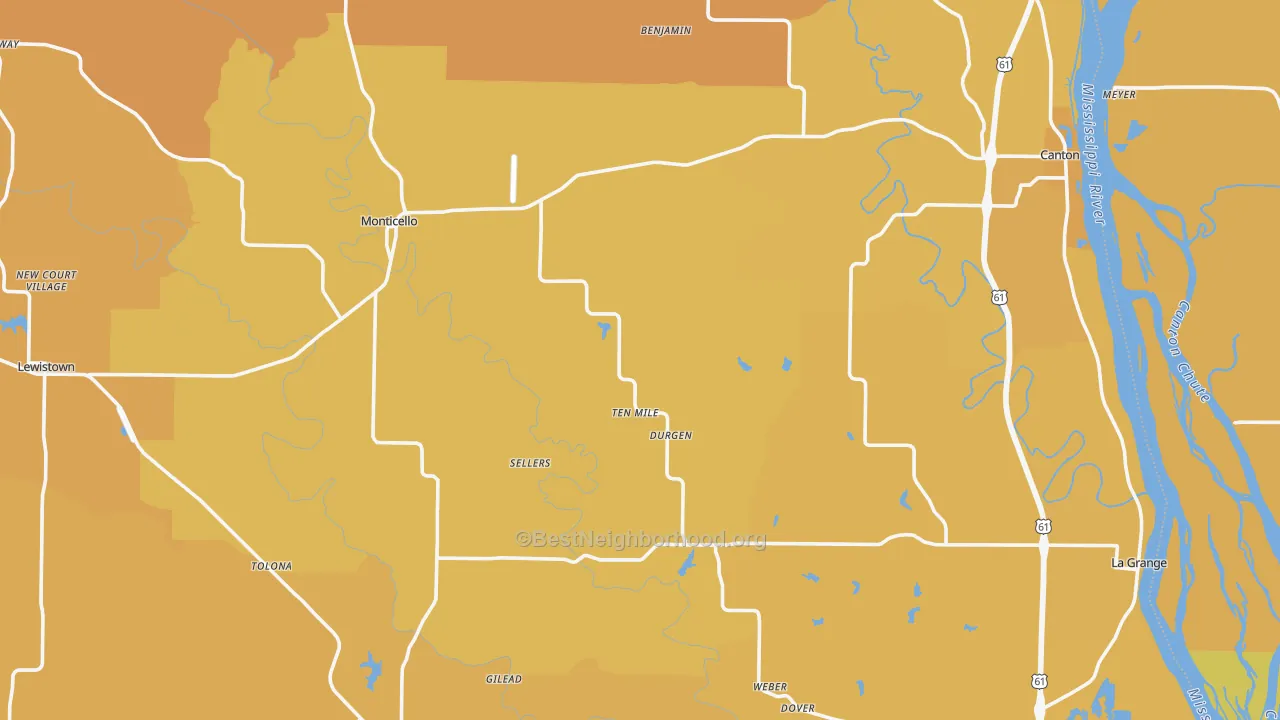 Map of the best neighborhoods in the Lewis County area, with better matches in green and worse matches in red
