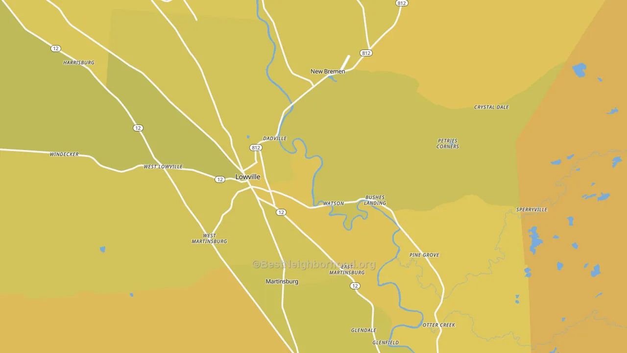 Map of the best neighborhoods in the Lewis County area, with better matches in green and worse matches in red