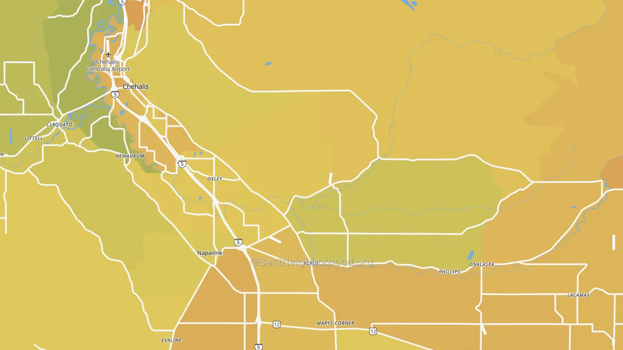 Map of the best neighborhoods in the Lewis County area, with better matches in green and worse matches in red