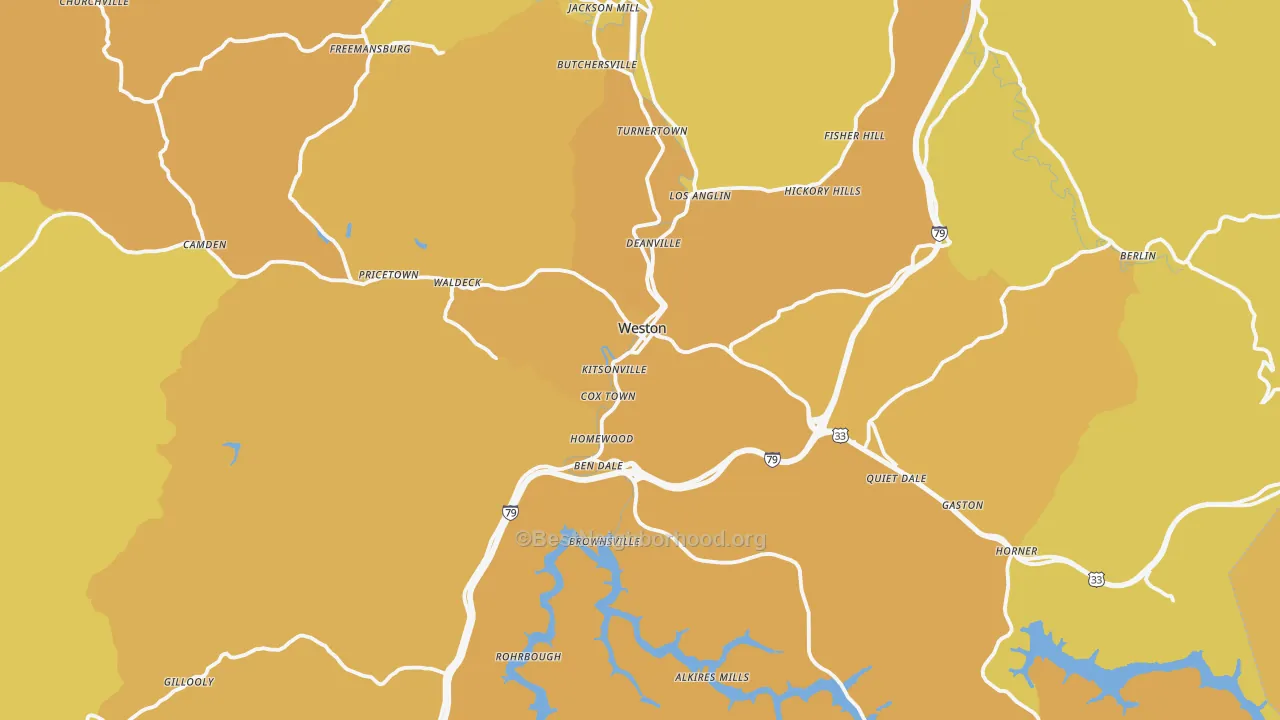 Map of the best neighborhoods in the Lewis County area, with better matches in green and worse matches in red