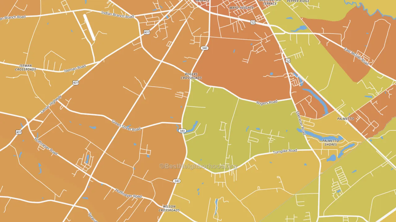 Map of the best neighborhoods in the Lewis Crossroads area, with better matches in green and worse matches in red