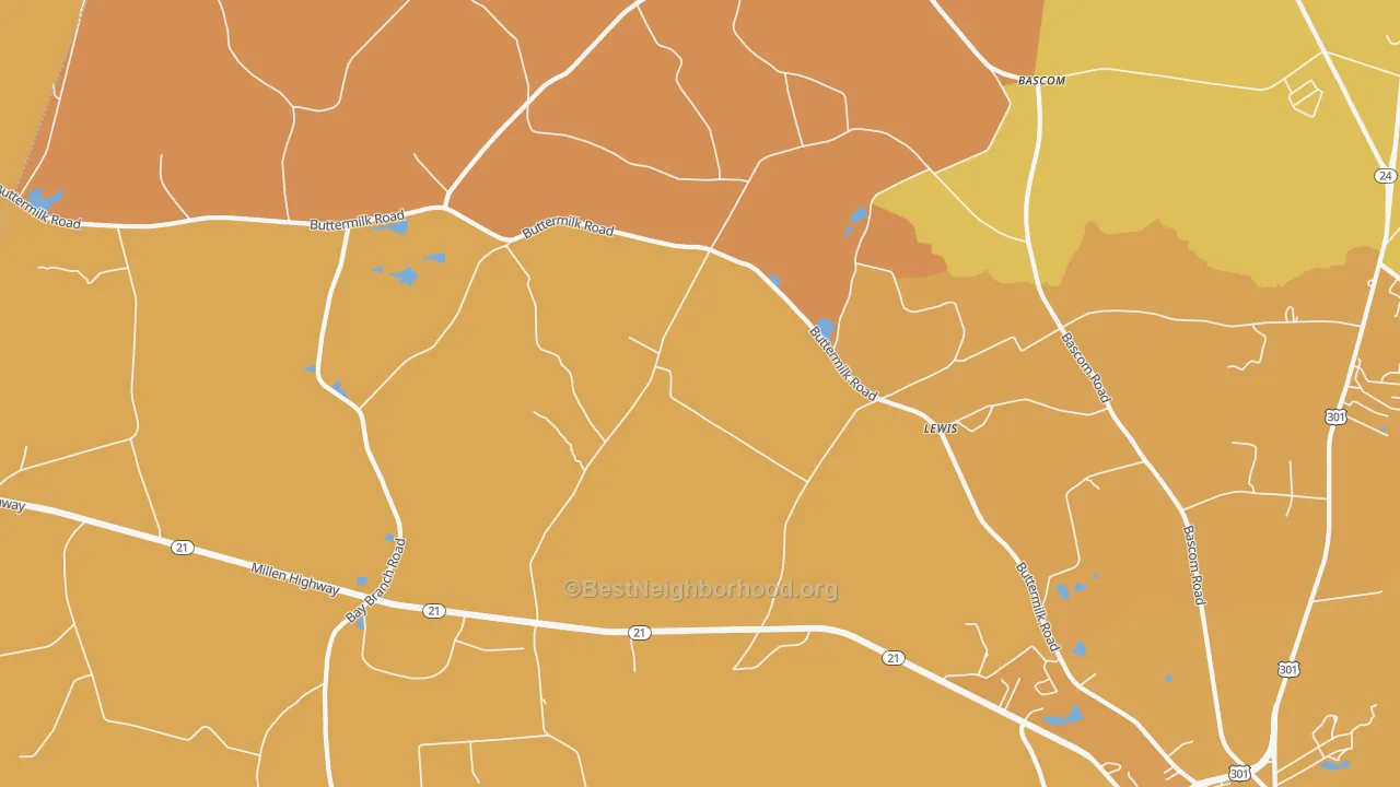Map of the best neighborhoods in the Lewis area, with better matches in green and worse matches in red