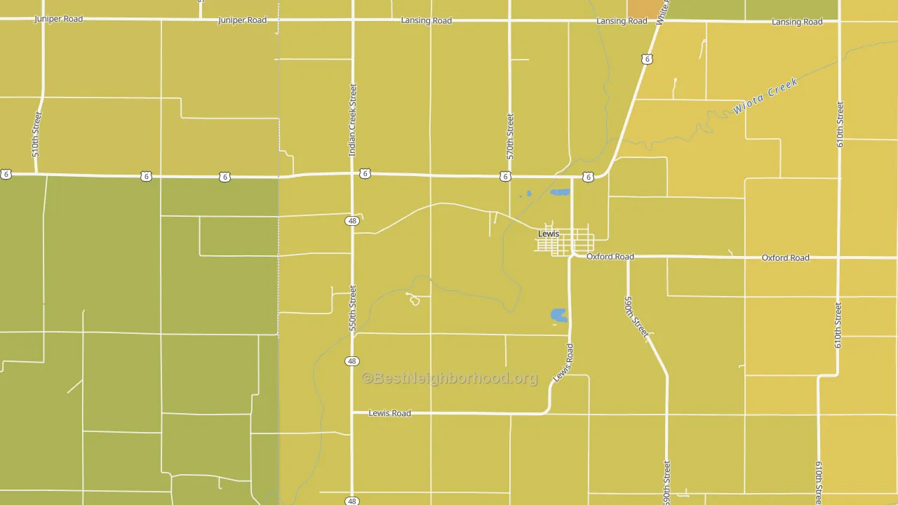 Map of the best neighborhoods in the Lewis area, with better matches in green and worse matches in red