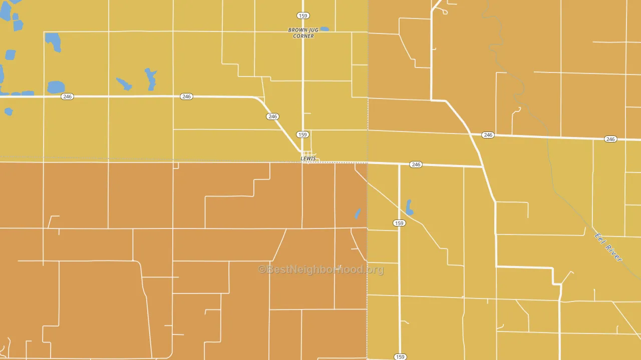 Map of the best neighborhoods in the Lewis area, with better matches in green and worse matches in red